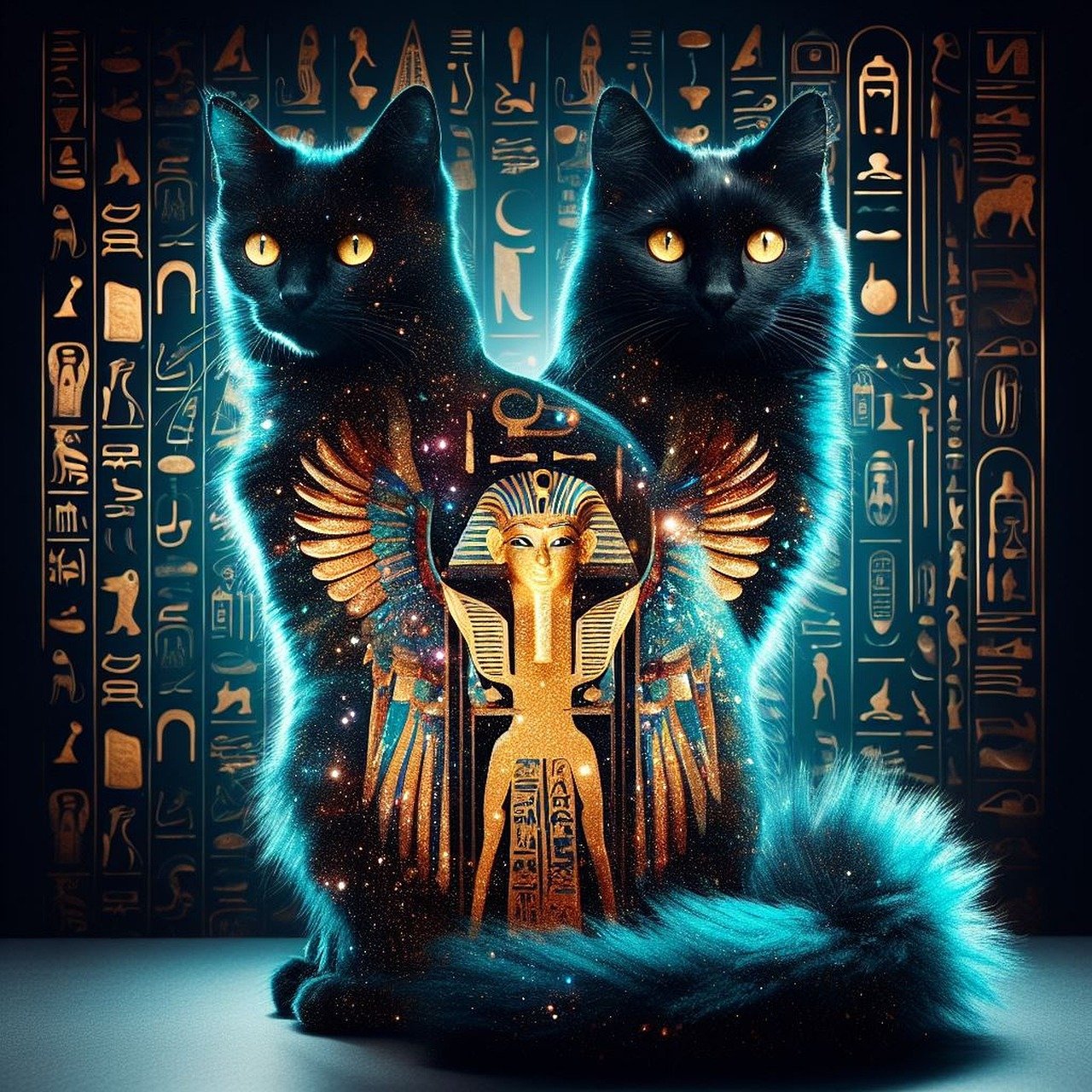 Two Egyptian cats named Bastet and Sekhmet in front of an Egyptian sarcophagus.