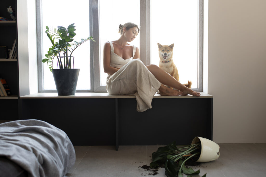 A woman in a light dress sits on a window bench next to her dog