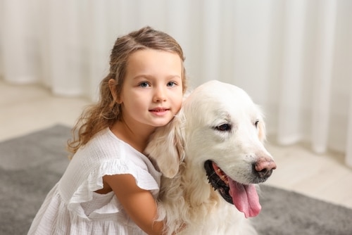 Young girl in a white dress hugging a large, white pup
