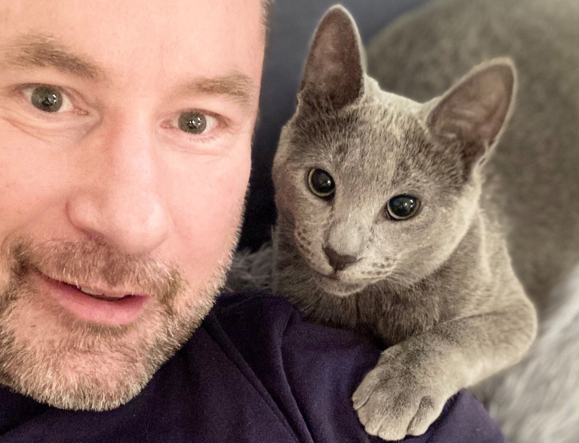 Steve the Russian Blue cat and his dad Richard