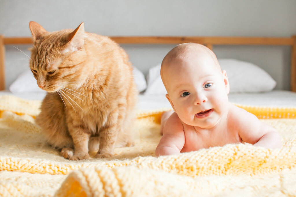 A ginger cat sits on a yellow knitted blanket while a baby lies on their stomach next to the cat, highlighting the sweet bond between cats and babies.