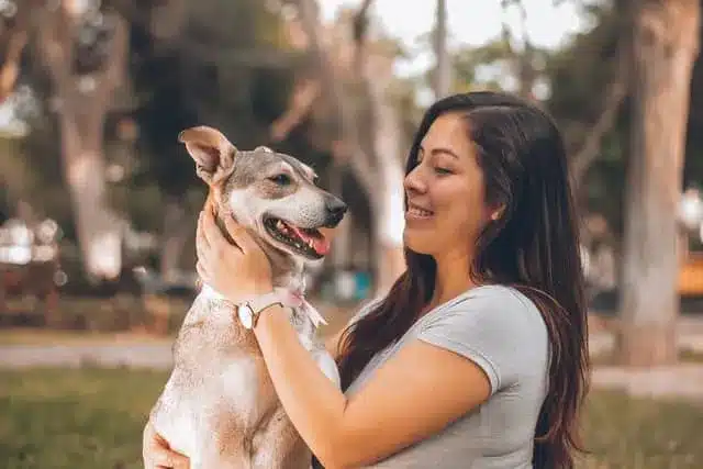 A woman wearing a gray shirt smiles while holding her brown and white dog outdoors in a park, enjoying the physical benefits of owning a dog.