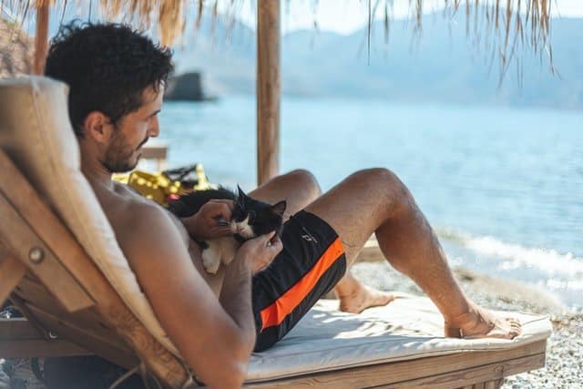 man on the beach with a cat after a pet travel roadtrip