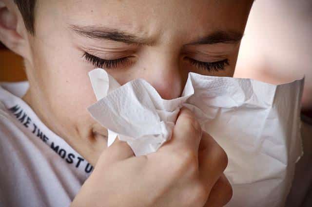 child with allergies blowing nose into a tissue