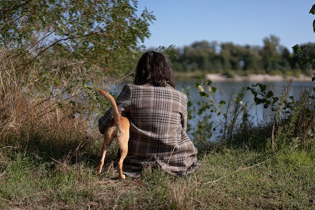 A happy dog spends time on the lakeside with his pet mum 