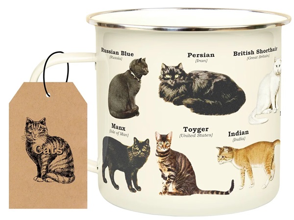 A white mug featuring illustrations and names of various cat breeds, including Russian Blue, Persian, British Shorthair, Manx, Toyger, and Indian. A brown tag with a cat illustration and "Cats" is attached—perfect as a cat dad Father's Day gift in NZ.