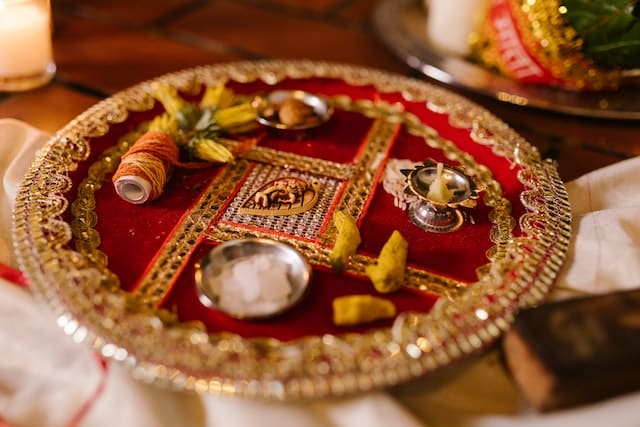 A Puja Thali made for Diwali 2022. Make sure to read up on dogs and fireworks and keeping your pets safe during the Diwali fireworks