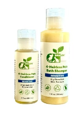 Two bottles of pet grooming products.