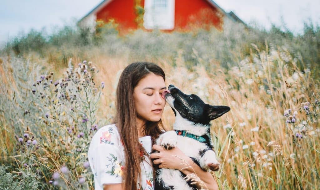 a girl hugs her dog
