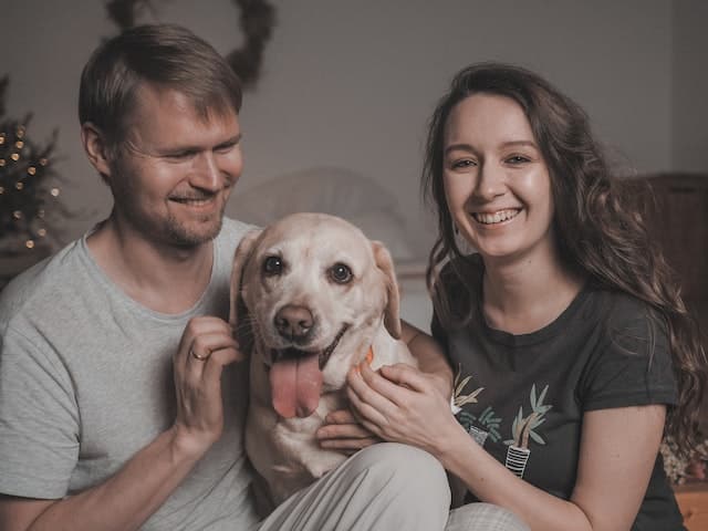 pet owners sit together with Labrador for a National Love Your Pet Day portrait 