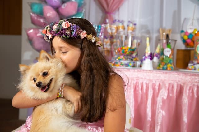 A pet owner hugs her dog to celebrate the PD Insurance birthday and the many milestones that brought us here 