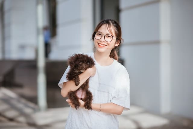 a girl holds her puppy up, happy that her mum took the time to compare pet insurance quotes and get it safeguarded while still so young