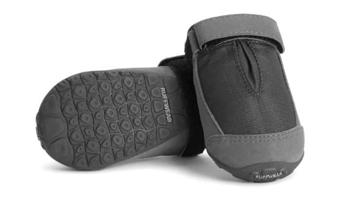 A pair of grey and black dog boots on a white background, perfect for good christmas gifts for dogs.