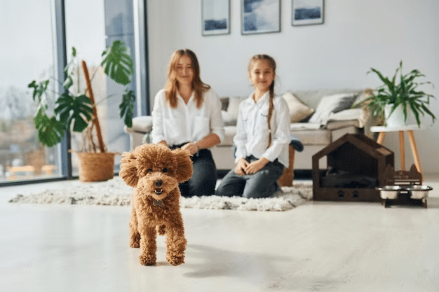 Two girls sitting on the floor with a dog in a living room, enjoying one of the best pets for kids