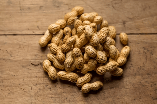 A pile of peanuts on a wooden table is a great source of protein for humans, but what human food is good for dogs
