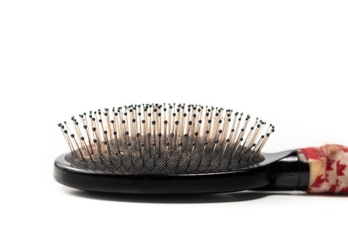 A black and red dog brush for shedding on a white background.