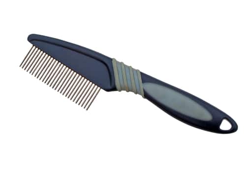 A blue-handled comb on a white background.