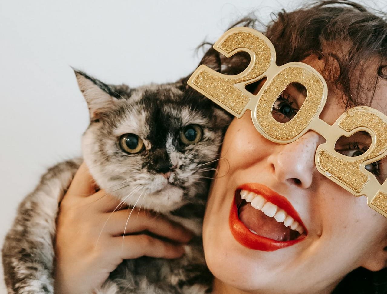 Person wearing "2024" glasses, smiling while holding a famous pet cat.
