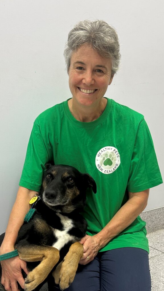 Dr Cath Watson, Chair of Healthy Pets New Zealand poses for a snapshot with Ziggy the dog