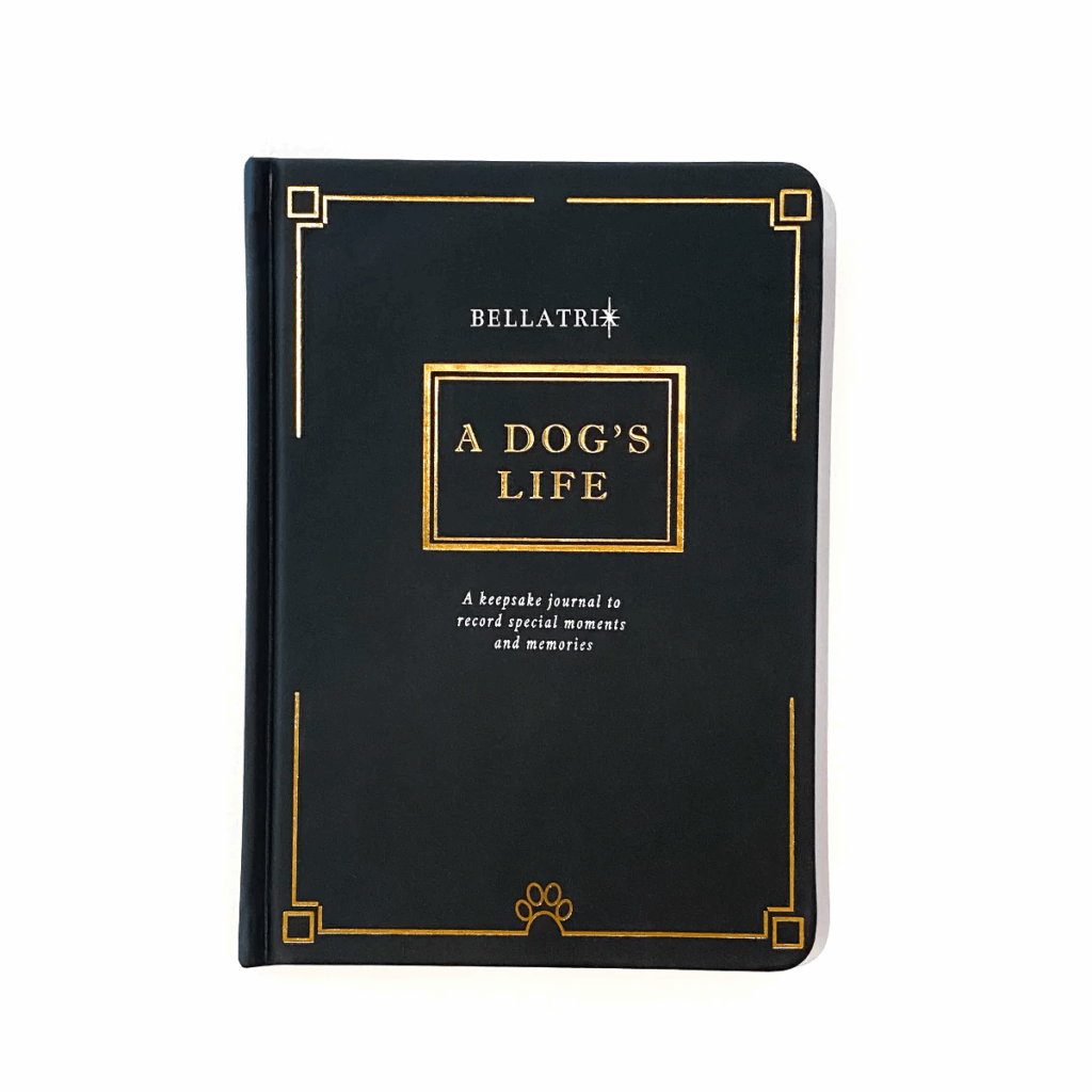 A black hardcover journal titled "A Dog's Life" by Bellatri, with gold lettering and decorative borders—perfect for dog dad gifts or thoughtful Fathers Day NZ presents.