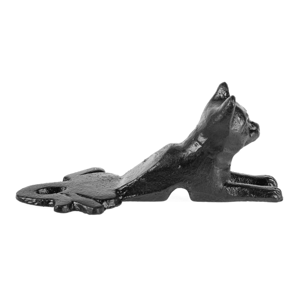 A black metal doorstop shaped like a cat stretching with its tail flat on the surface—perfect for gifts for pet lovers or unique Father's Day NZ surprises.