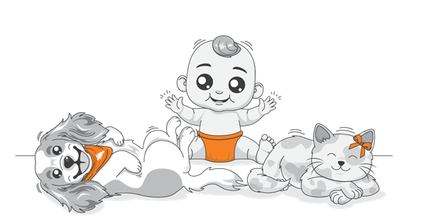 Cartoon of a baby sitting between a playful dog and a relaxed cat. The baby is wearing an orange diaper, while the animals sport matching orange accessories, as if part of a Pet Generational Survey on style.