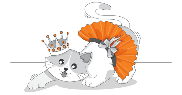 A cartoon cat, wearing a crown and orange tutu, playfully stretches forward on a plain background, embodying the whimsical charm that delights fans across generations.
