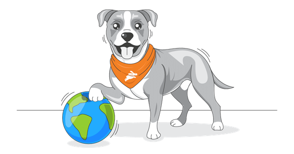 Illustration of a gray and white dog with an orange bandana, standing with one paw on a spinning globe, embodying the adventurous spirit of a survey-loving pet.