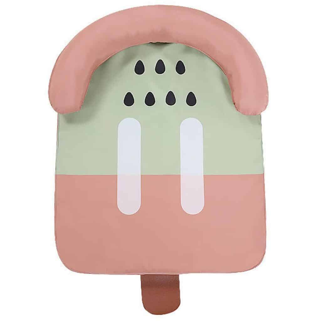 A cushion shaped like a popsicle, with a green and pink color scheme, white rectangular shapes, black teardrop accents, and a brown fabric stick—perfect as fun gifts for dogs NZ or cute dog Christmas presents.