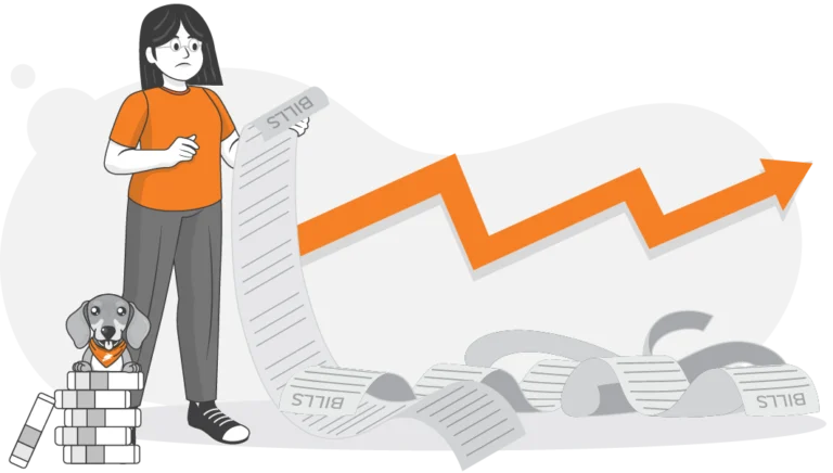 A woman holding a long list of bills stands next to a dog sitting on stacks of coins, with more bills scattered on the floor and an upward-pointing orange graph in the background, highlighting results from a recent pet cost survey.