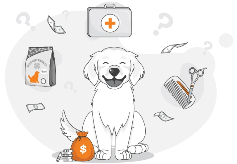 A smiling dog sits with a money bag, cash, and items like dog treats, a first aid kit, and grooming tools around it, with question marks in the background, illustrating insights from a pet cost survey.