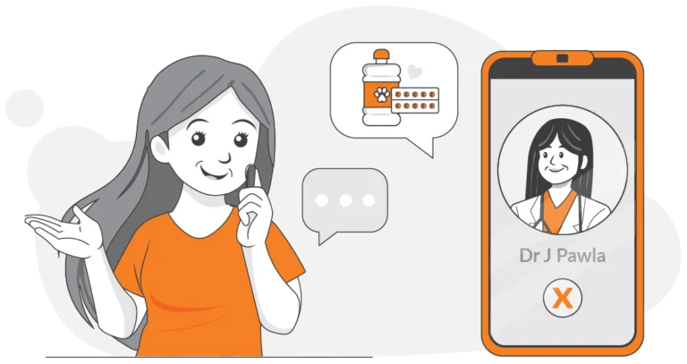A woman talks on the phone while a smartphone screen shows Dr. J Pawla, a female doctor; speech bubbles display prescription medicine, pills, and results from a recent pet cost survey.