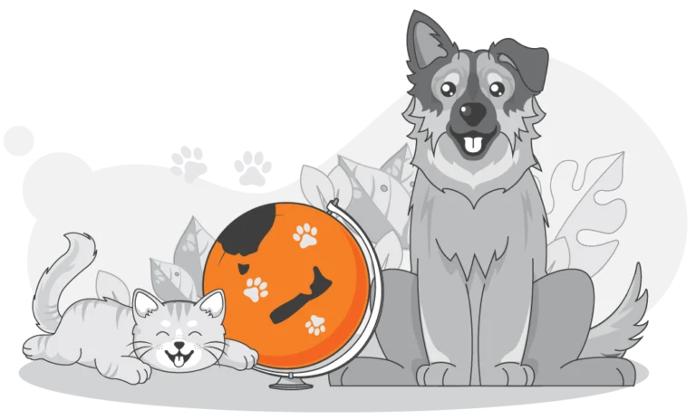 Illustration of a dog sitting next to a globe with paw prints and a bone, while a cat lies nearby with a happy expression—perfect for representing insights from a pet cost survey.