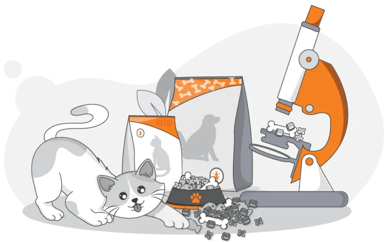 A cat plays near scattered kibble, a bowl of pet food, pet food packaging, and an orange and white microscope examining kibble—perfect for a pet cost survey on quality and nutrition.