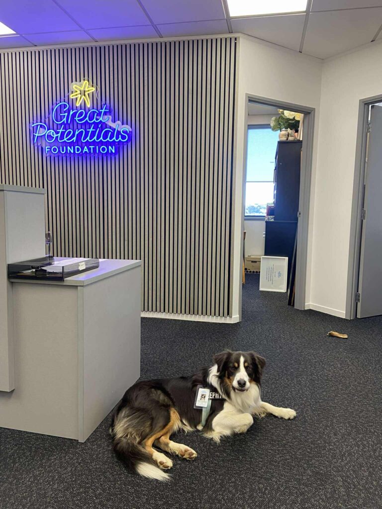 An emotional support dog NZ wearing a vest lies on the office reception floor beneath a glowing "Great Potentials Foundation" neon sign.