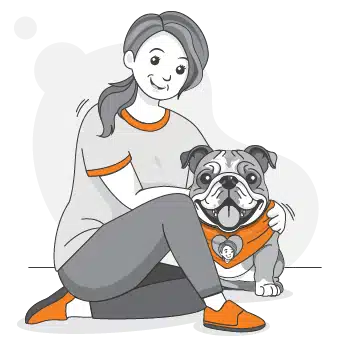 Illustration of a woman sitting on the floor, smiling, with her arm around a bulldog wearing a bandana featuring her portrait—capturing the warmth seen in PD Insurance Surveys about pets and their owners.