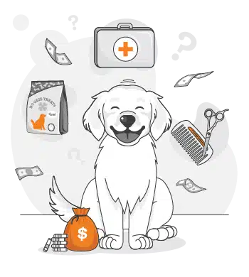 A smiling dog sits with a money bag, surrounded by pet treats, a first aid kit, grooming tools, and floating dollar bills—just like the pups featured in recent PD Insurance Surveys.