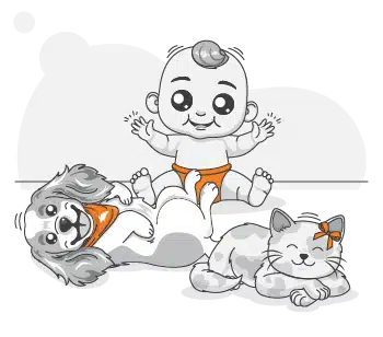 A baby sits smiling between a playful dog lying on its back and a content cat with a bow on its ear—true companions, just as PD Insurance Surveys reveal families cherish these moments.