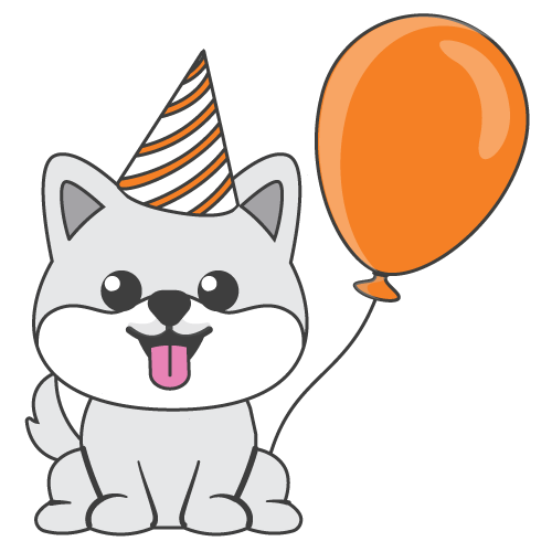 A cartoon dog wearing a striped party hat sits next to an orange balloon, smiling with its tongue out as it celebrates PDTurns5 with fellow Pet Parents.