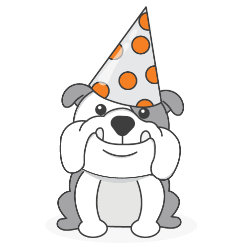 Cartoon bulldog wearing an orange polka dot party hat, sitting and smiling—perfect for pet parents celebrating Birthday Paws or joining in the fun of #PDTurns5!.