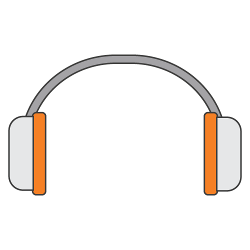 Simple illustration of over-ear headphones with gray bands and orange accents on a black background, perfect for pet parents celebrating birthday paws or joining in the PDTurns5 festivities.