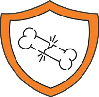 An orange-bordered shield with a simple line drawing of a broken bone in the center.