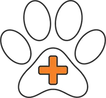 A graphic of a white animal paw print with an orange medical cross in the center of the largest pad.