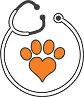 A white stethoscope outline encircles an orange paw print with a heart-shaped pad, set against a dark background.