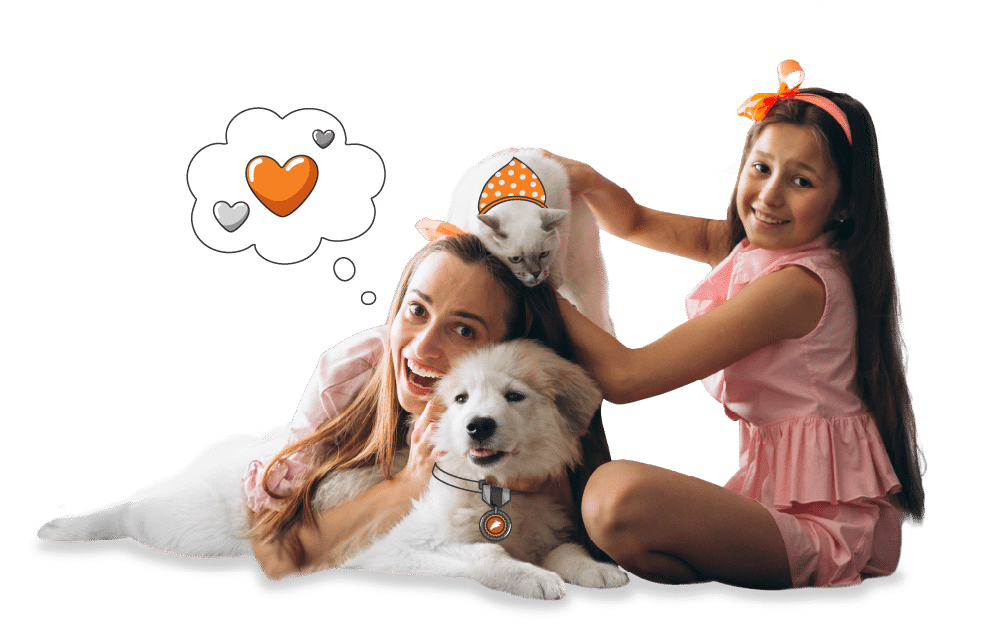 Two girls in pink outfits sit with a white dog and a white cat. One hugs the dog, while the other places a hat on the cat—just another adorable day dreaming about pet insurance NZ. Cartoon hearts and a thought bubble complete the scene.