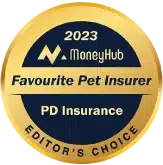 A gold and navy badge reads "2023 MoneyHub Favourite Pet Insurer PD Insurance Editor's Choice.