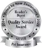 A silver medal displays "2024 Voted by New Zealanders," "Reader's Digest Quality Service Award," "SILVER," and "Pet Insurance.