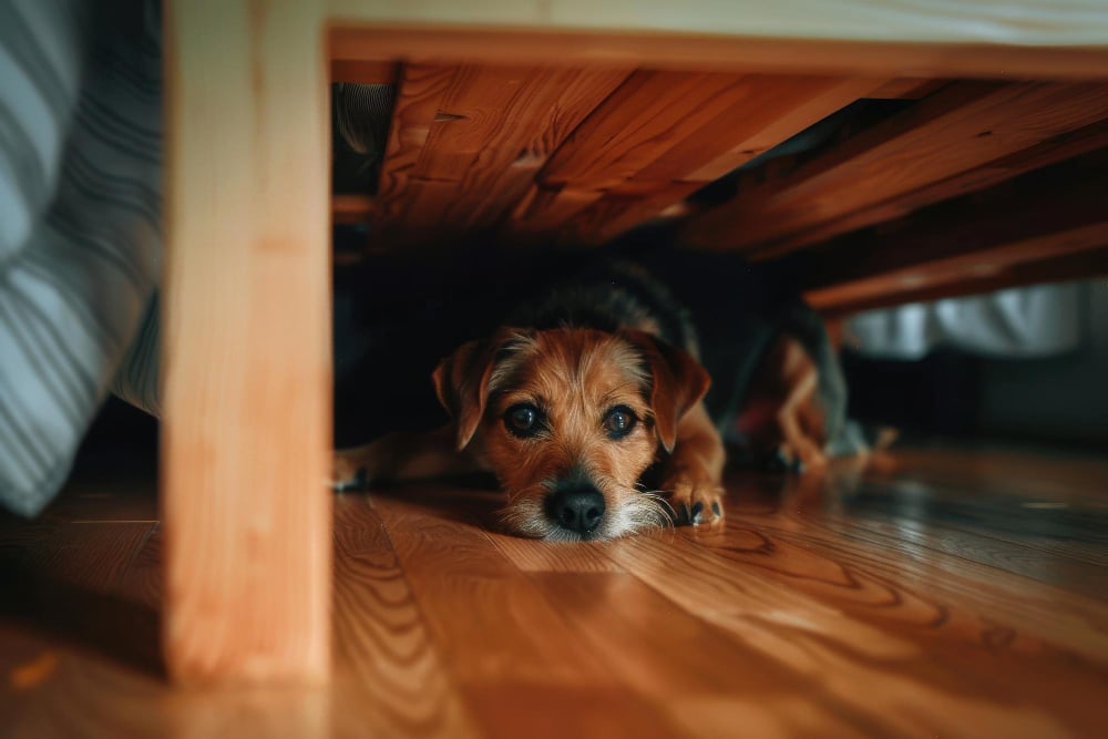 A small, scruffy brown dog hiding under a bed frame on a wooden floor to escape the sound of fireworks.