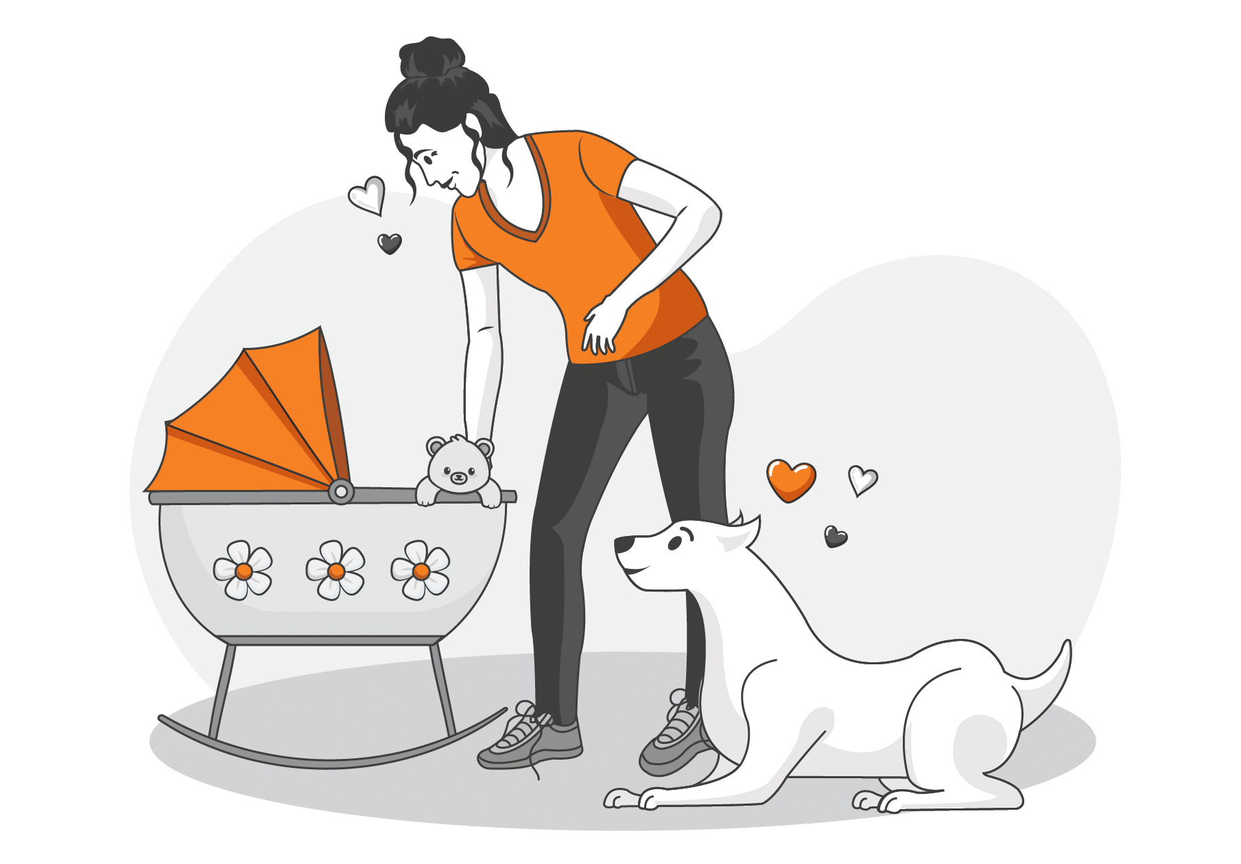 A woman in an orange shirt stands by a baby crib with a teddy bear; a white dog sits nearby looking up at her, illustrating the strong human-pet bond highlighted in the latest human-pet bond survey.
