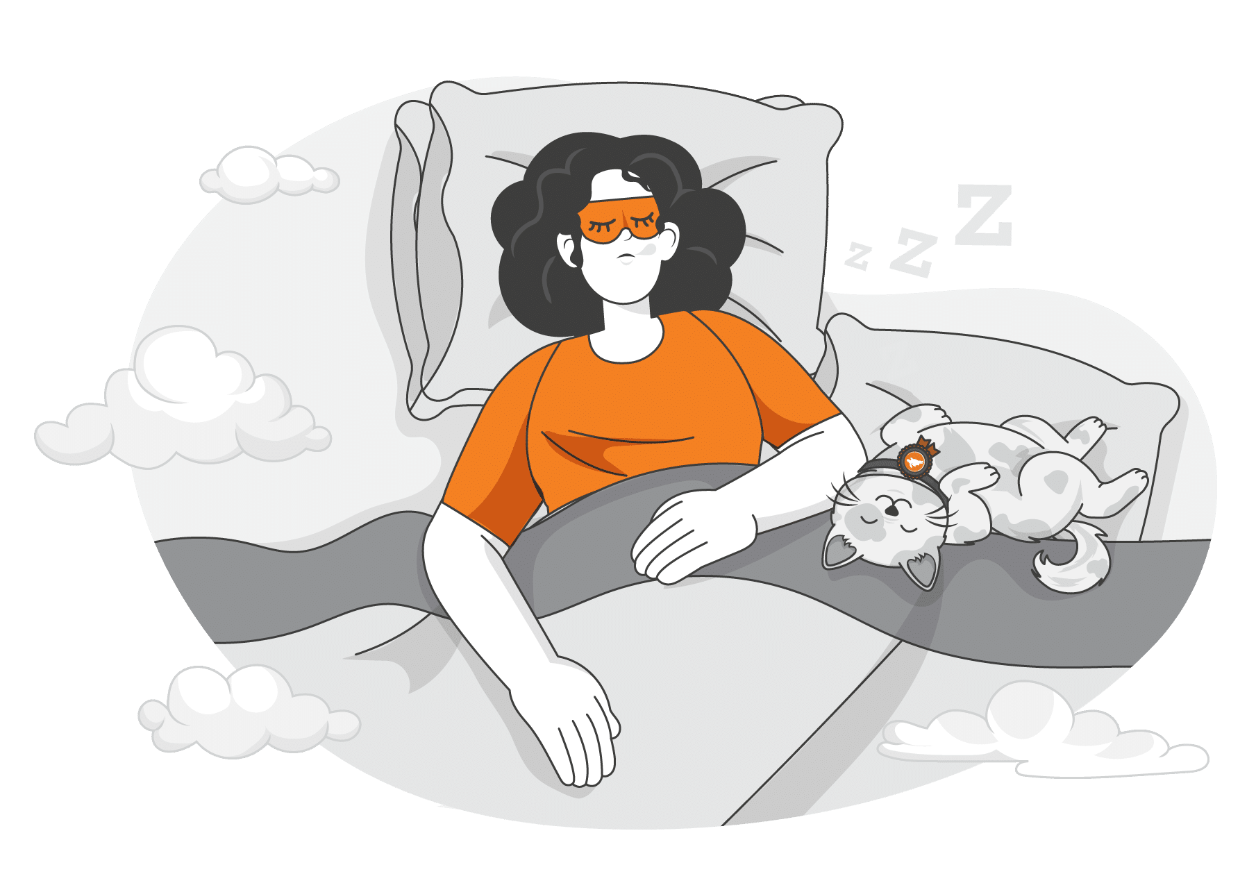A person wearing an orange sleep mask sleeps in bed with a cat lying on its back beside them; both appear relaxed and content, perfectly capturing the closeness highlighted in any human-pet bond survey.